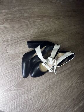 Nine West Black Pumps with White Ankle Straps